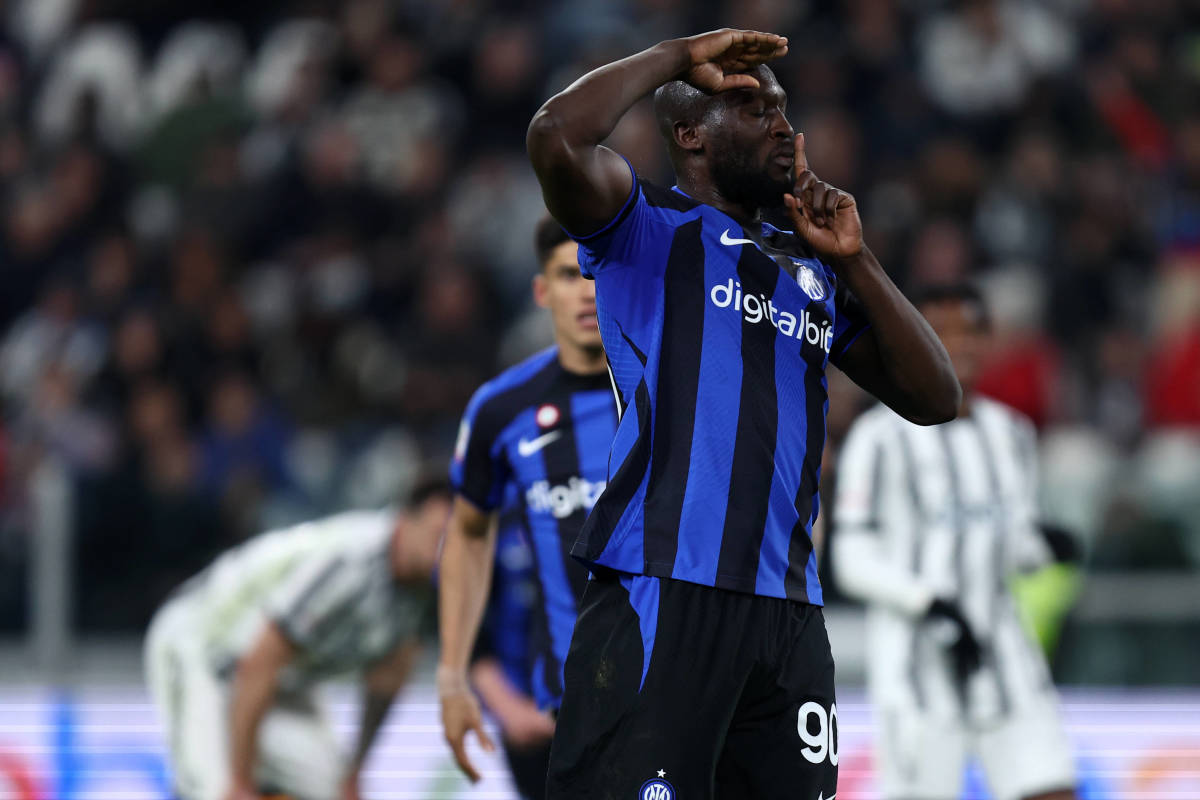 Inter Milan striker Romelu Lukaku pictured celebrating after scoring from a penalty kick against Juventus in April 2023